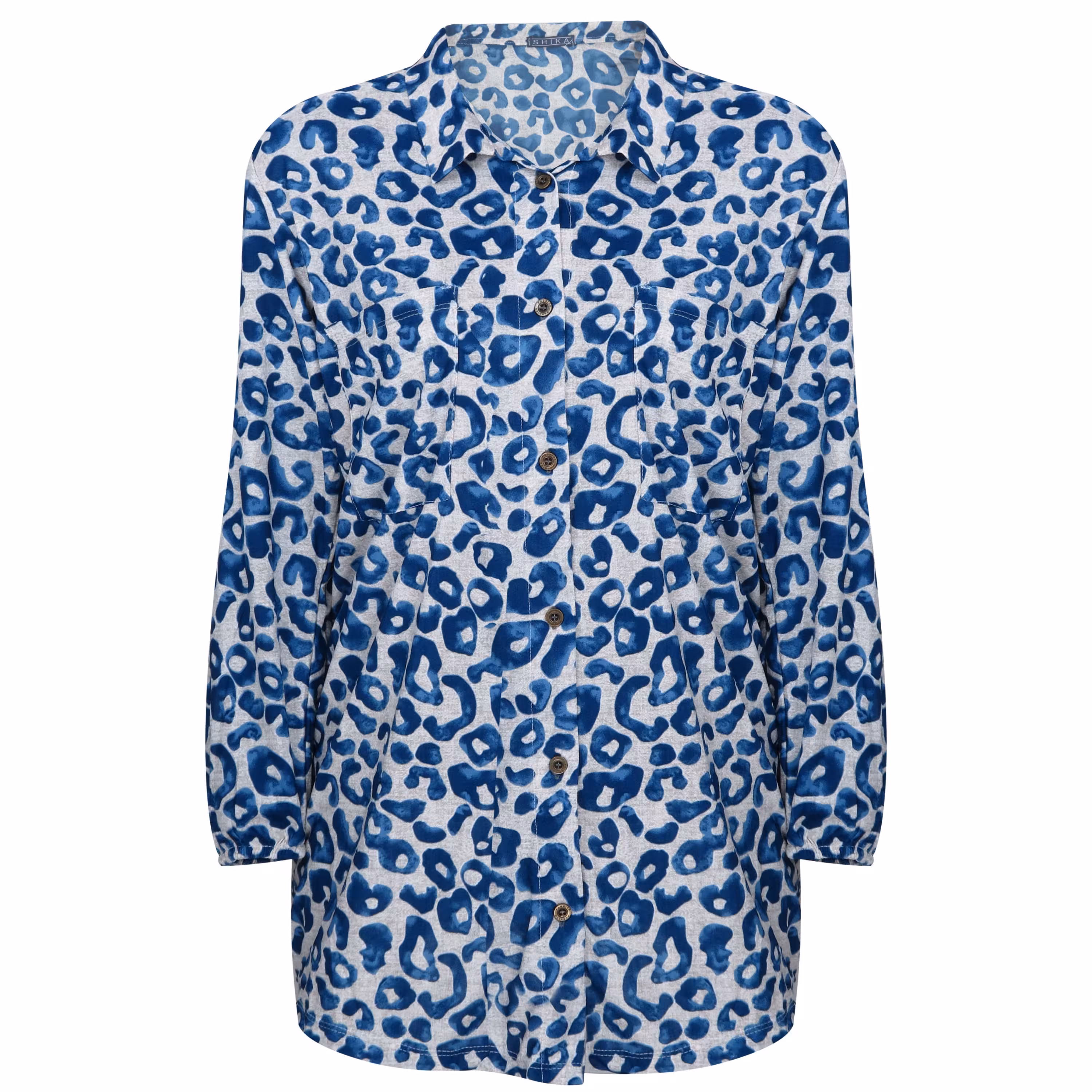 شومیز زنانه کرپ اعلا طرح پلنگی آبی (قواره دار)