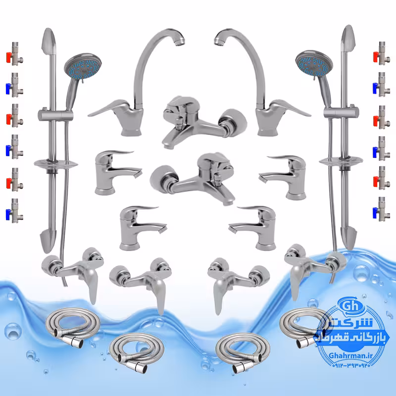 ست 30 عددی شیرآلات آیدا صنعت مدل قهرمان اردکی | سه عدد شیر ظرفشویی سه عدد شیر روشویی سه عدد شیر حمام سه عدد شیر توالت سه عدد علم دوش یونیورست مدل یونیکا سه عدد شلنگ توالت سه عدد شلنگ استیل دوازده عدد شیر پیسوار | کروم مات