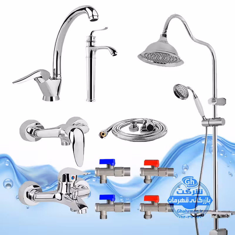 ست 10 عددی شیرآلات برند آیدا صنعت مدل قهرمان اردکی | شیر ظرفشویی   شیر روشویی پایه‌بلند مدل بامبو   شیر حمام   شیر توالت   علم دوش شیپوری   شلنگ توالت   چهار عدد شیر پیسوار | کروم براق