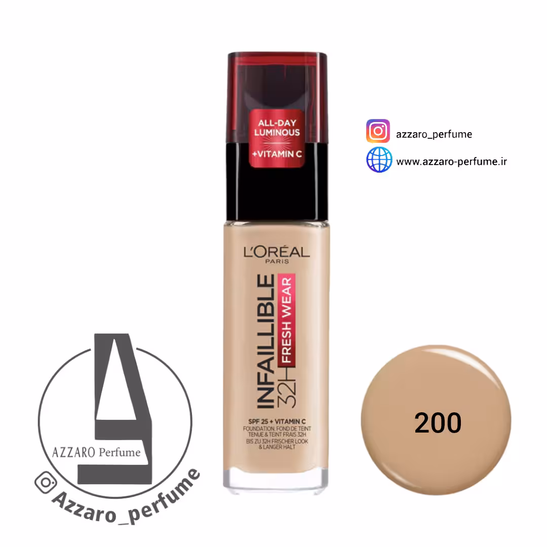 کرم پودر لورال (اورآل) اینفالیبل مدل FRESH WEAR 32H شماره 200 رنگ NATURAL LINEN حجم 30 میل