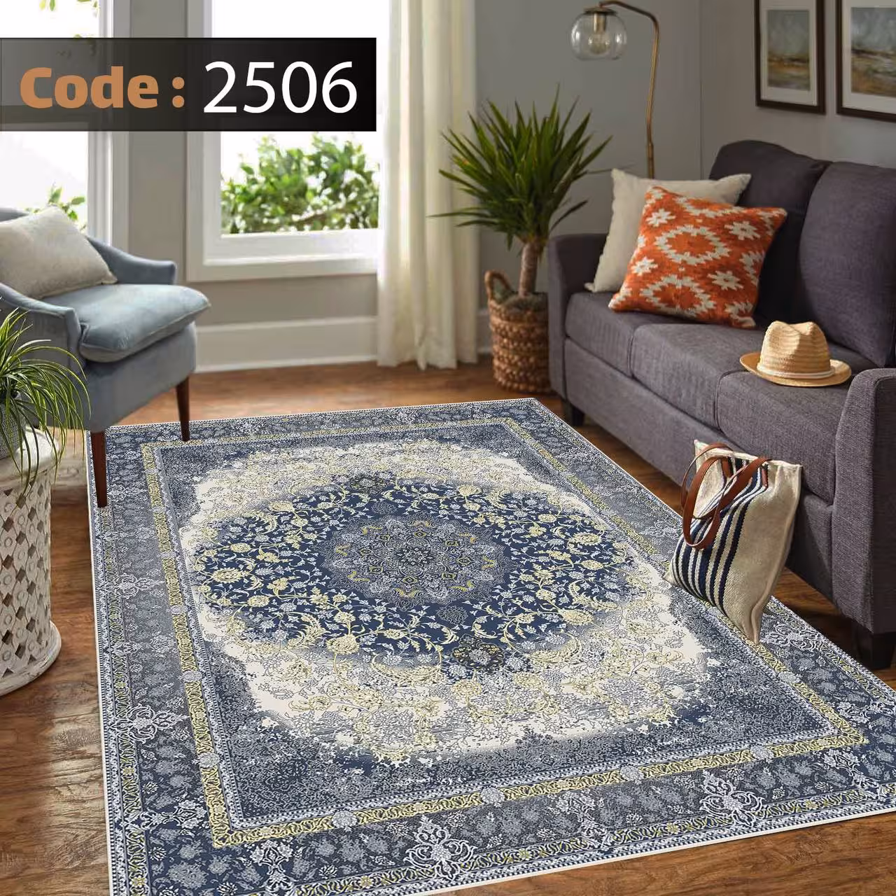 کاورفرش روفرشی دورکشدار گوشه لیفه ای طوسی کرم کد 2506