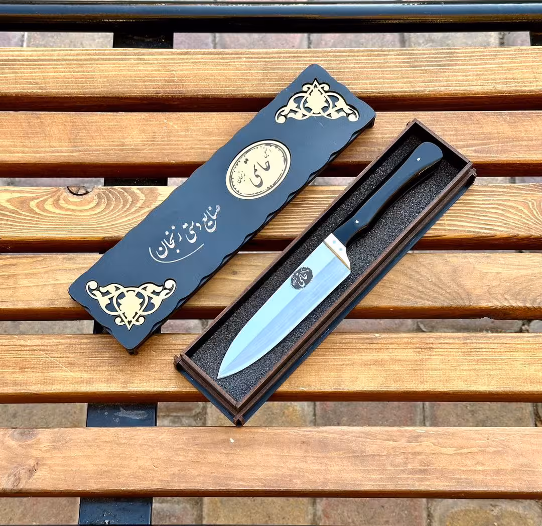 چاقو آشپزخانه حاتمی راسته سایز وسط استیل ضد زنگ دسته فیبر نسوز با جعبه