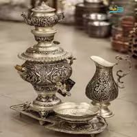 سماور دکوری برنجی قلمزنی سیاه قلم آبکاری پتینه نقره و پوشش کوره ای