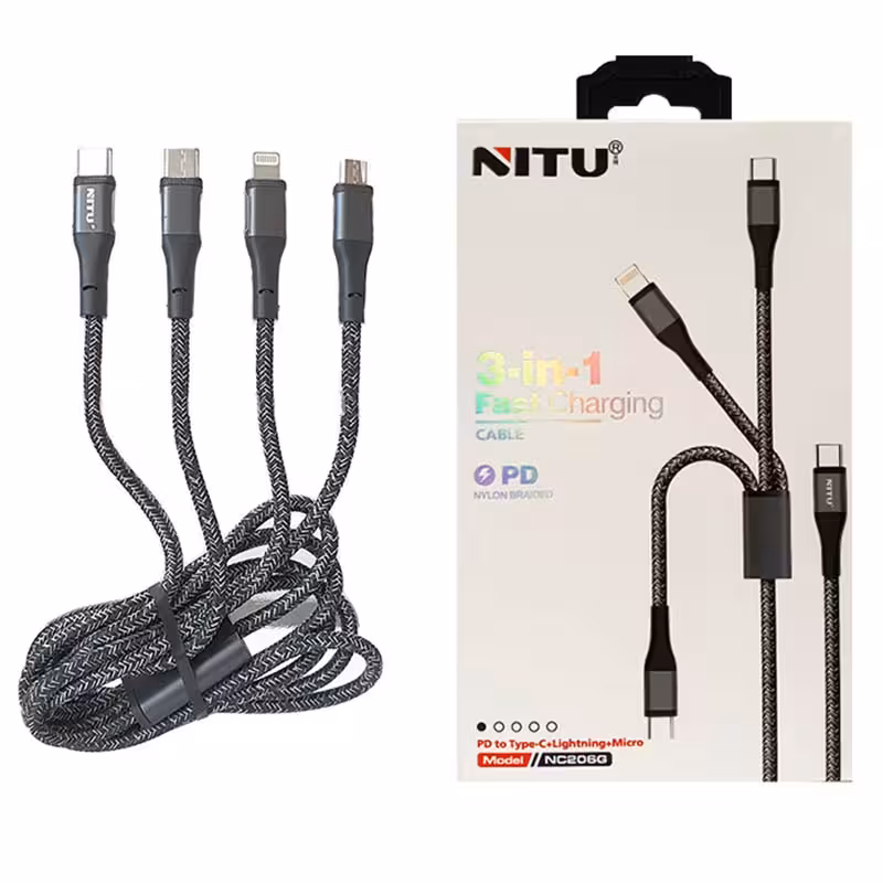 کابل 3 سر میکرو و تایپ سی و آیفون نیتو مدل NITU NC206G FAST GHARGING 3 in 1