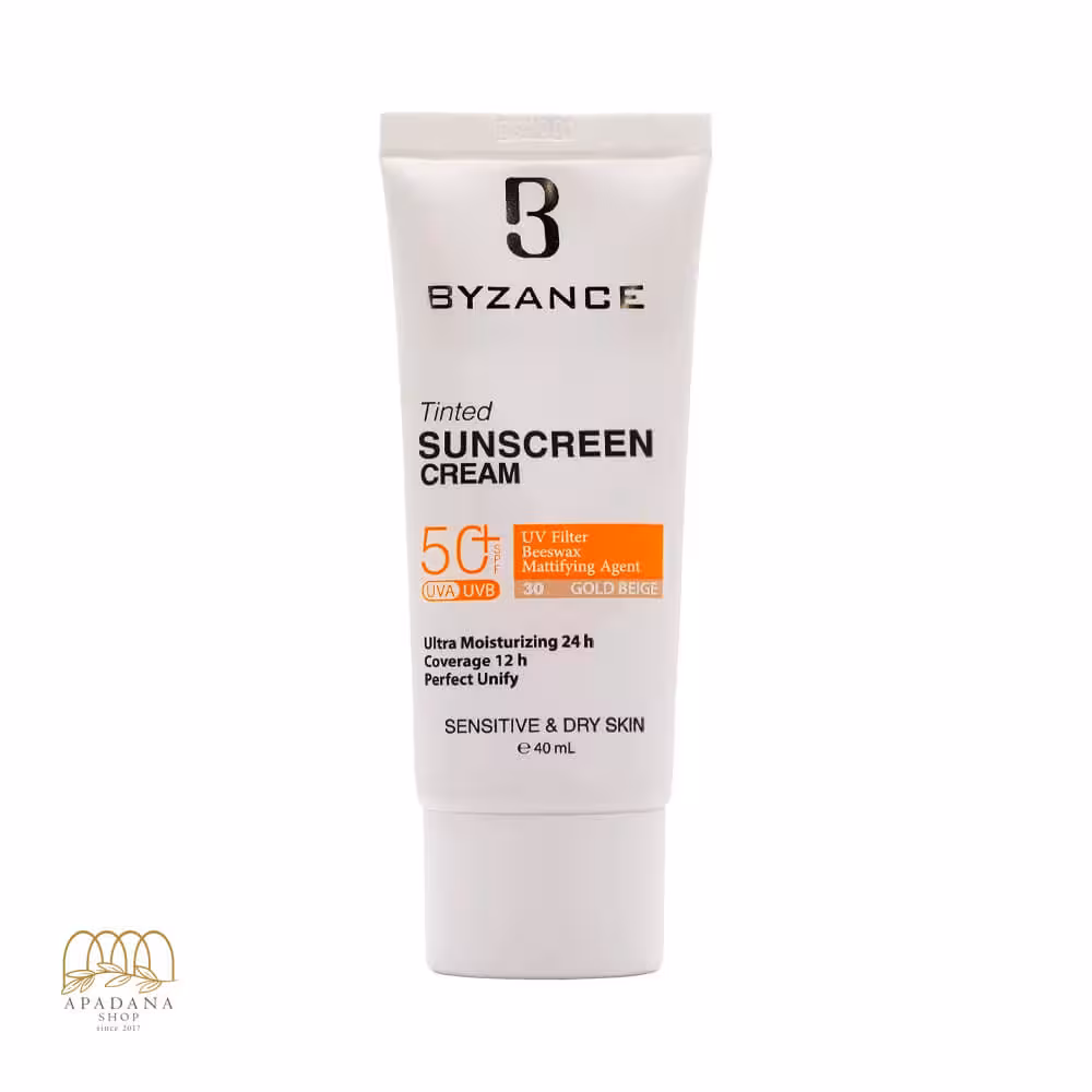 کرم ضد آفتاب رنگی بیزانس با  SPF50 مخصوص پوست خشک و حساس رنگ گلد بژ 30