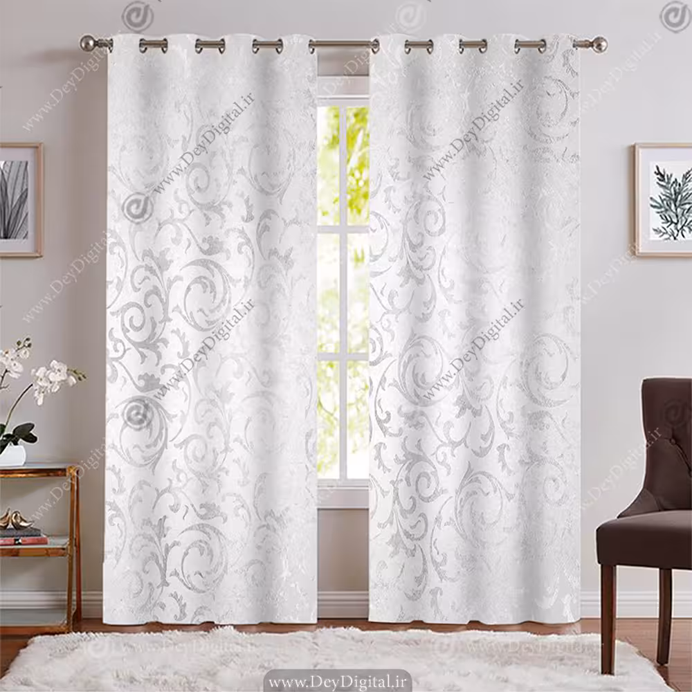 پرده چاپی پانچی طرح گل اسلیمی شیک طوسی روشن PK-7793