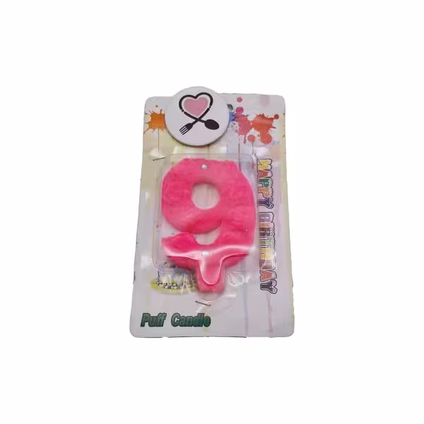 شمع مخملی گلدار صورتی عدد 9 پاف کندل (puff candle)