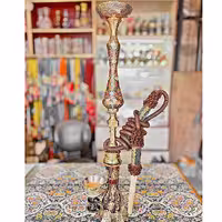 قلیان برنجی شمش گلدان دار، طرح گل و مرغ برجسته
