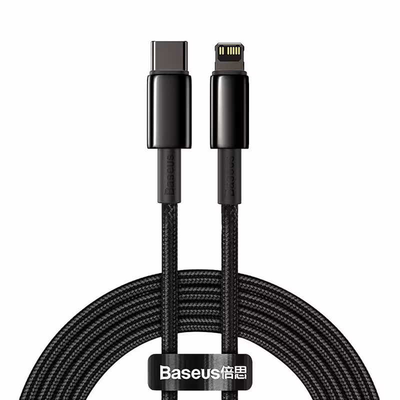 کابل شارژ 2 متری Type-C به لایتنینگ بیسوس مدل Baseus Tungsten Gold Cable Type-C to iP 20W 2m CATLWJ-A01