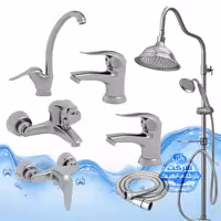 ست 7 عددی شیرآلات برند آیدا صنعت مدل قهرمان | شیر ظرفشویی   2 عدد روشویی   حمام   توالت   علم دوش شیپوری   شلنگ توالت | کروم مات