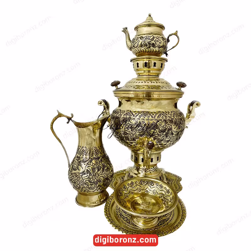 سرویس سماور برنجی مدل ذغالی 5 پارچه طرح گل و مرغ 7 لیتر