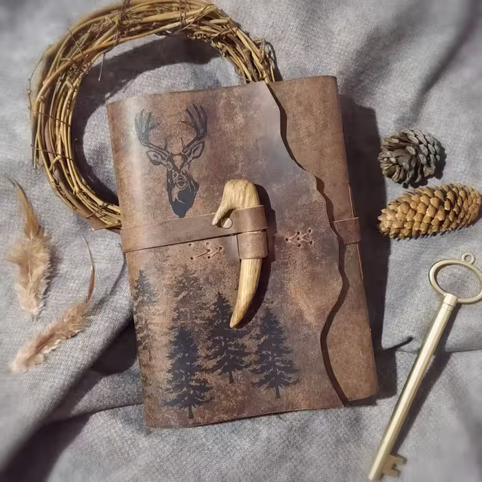 دفتر چرمی گوزن سرخ چرم گاوی افکتی قهوه ای ، چوب دست‌ساز ، 19/5 در 14 ، 120 برگ ، حکاکی شده