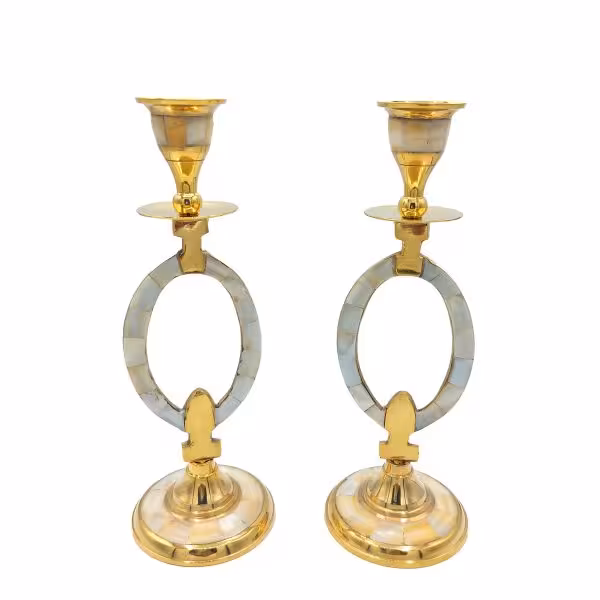 شمعدان جفت برنجی و صدفی ارتفاع 22cm کد 2017