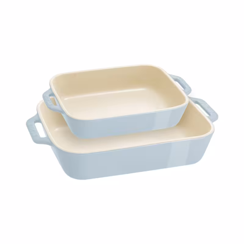 ست دو عددی ظرف فر سرامیک استاب رنگ آبی روشن | مقاوم در برابر حرارت تا 250 درجه سانتیگراد | مناسب برای فر، مایکروویو و سرو | سطح ضد خش و لک | کیفیت ساخت عالی | ظروف آشپزخانه لوکس