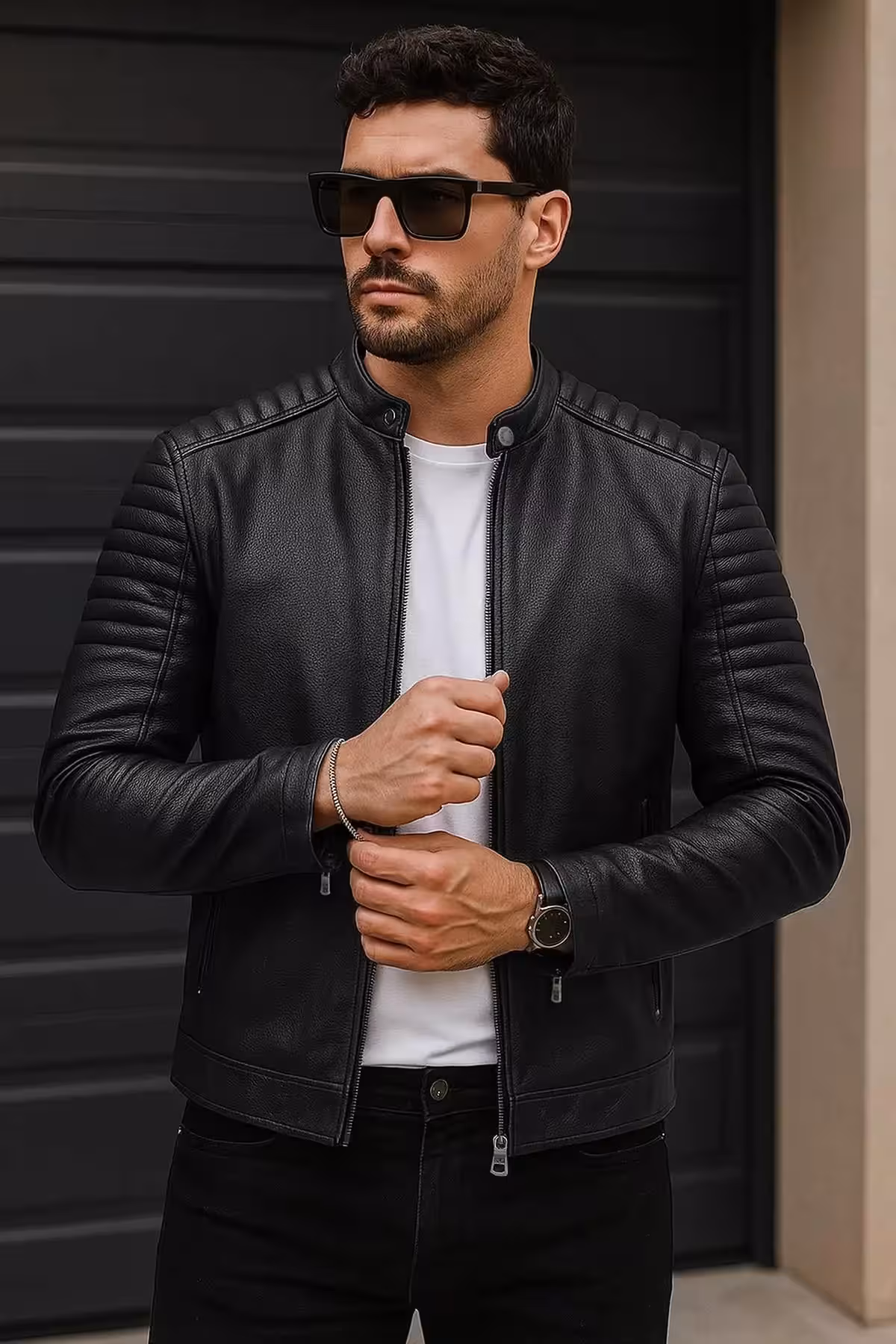 کت چرم مردانه با برش تنگ - 10378