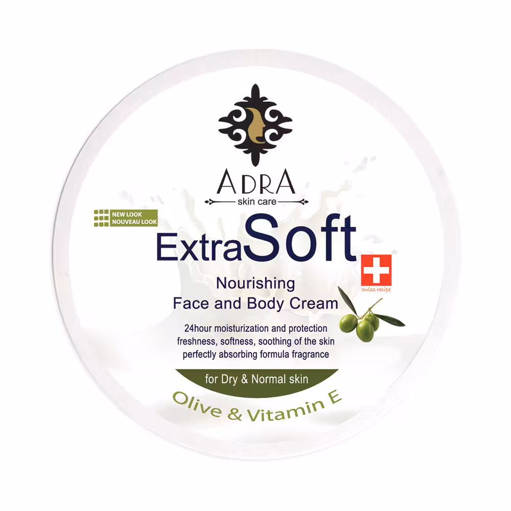 کرم مرطوب کننده و ترمیم کننده صورت و بدن آکسترا سافت Extra Soft آدرا عصاره زیتون 200 میلی لیتر | ADRA Extra Soft Olive Oil Face & Body Cream 200 ml