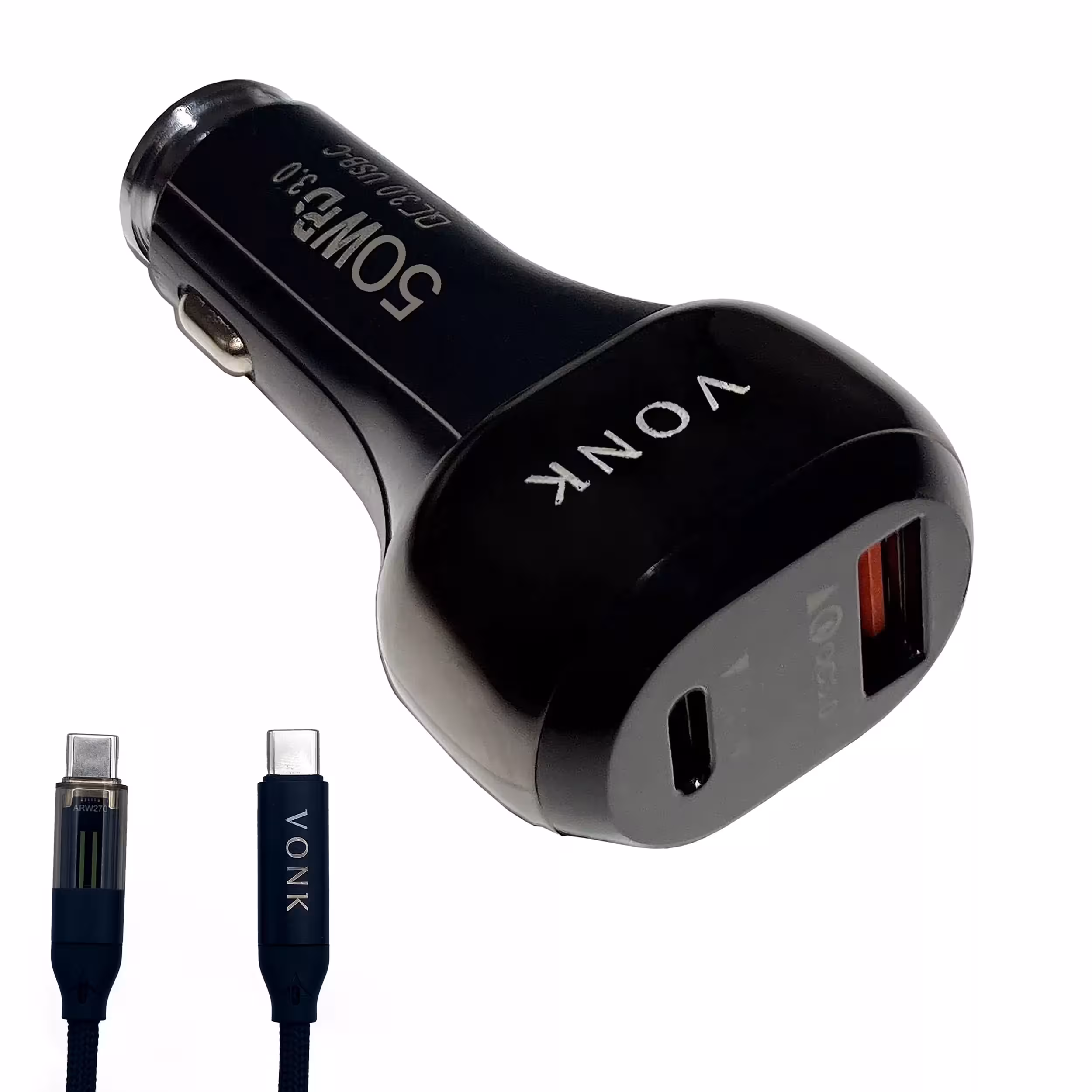 شارژر فندکی 50 وات دو پورت وونک مدل VC–50 به همراه کابل USB-C