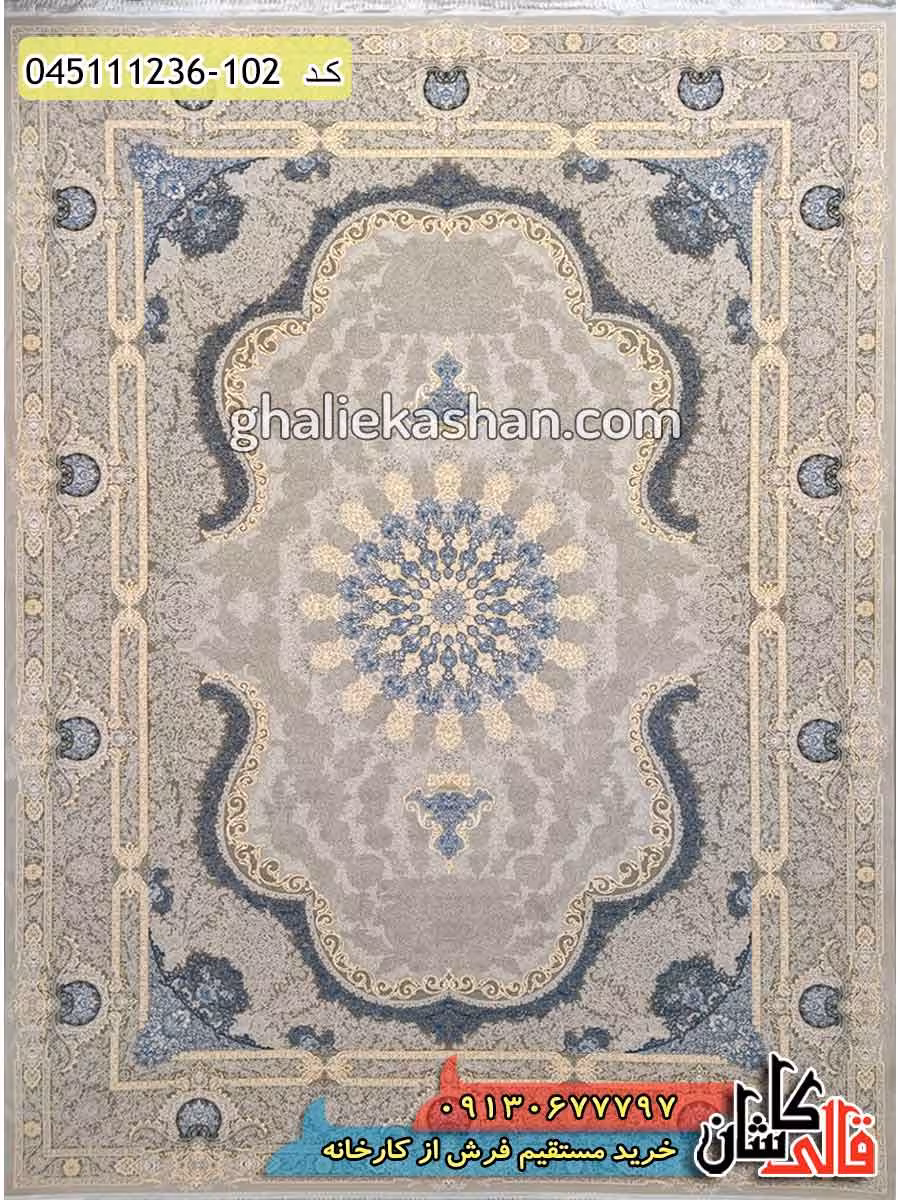 فرش طلاکوب 1200 شانه طرح گلوریا زمینه نقره ای کاشان – گل برجسته