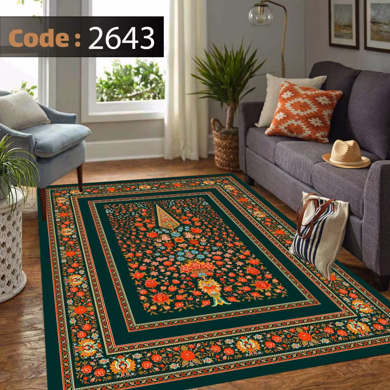 کاورفرش روفرشی دورکشدار گوشه لیفه ای لاکی ، آبی و متنوع کد 2643