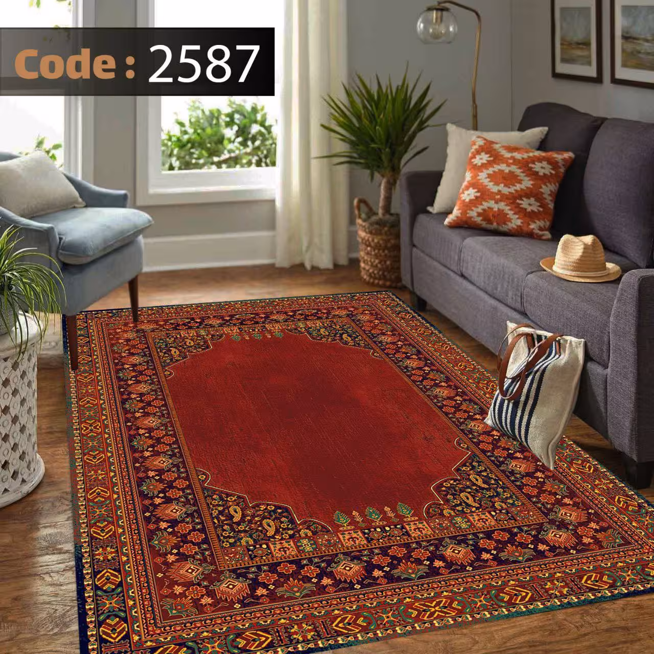 کاورفرش روفرشی دورکشدار گوشه لیفه ای لاکی ، آبی و متنوع کد 2587