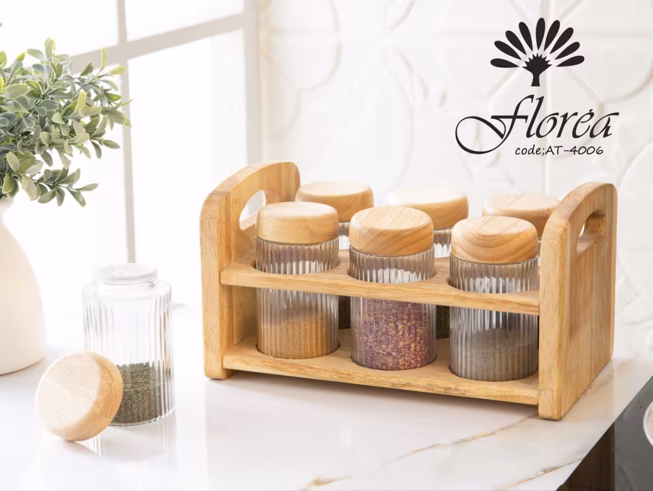 استند ادویه تخت 6 تایی شیشه راه راه کد AT-4006 فلورا