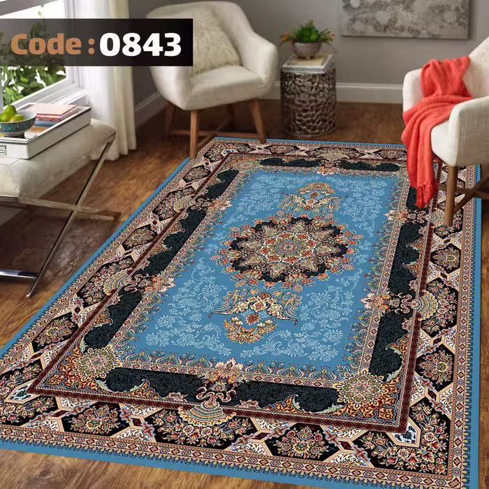 کاورفرش روفرشی دورکشدار گوشه لیفه ای لاکی ، آبی و متنوع کد 0843