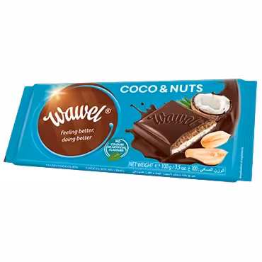 شکلات تخته ای واول با مغز بادام زمینی و نارگیل حجم 100 گرم
