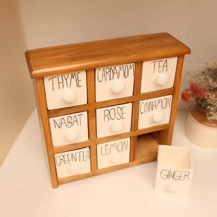 جای ادویه 9 پارچه مدل چوبی و سرامیکی کد Text09