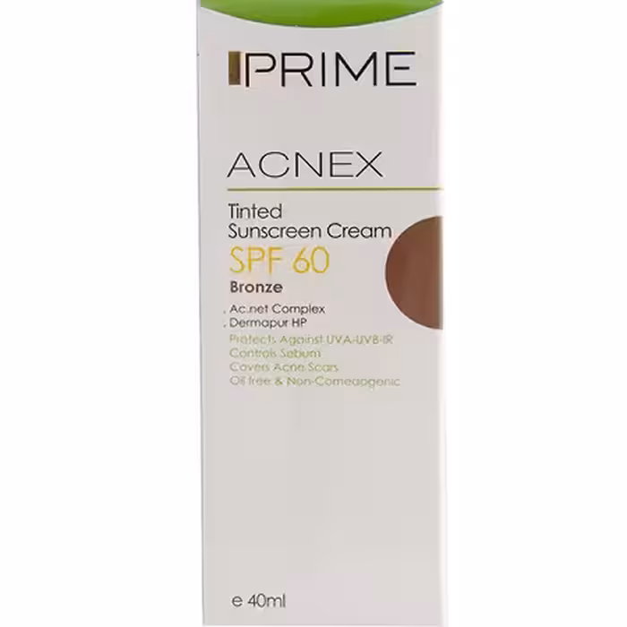 کرم ضد آفتاب رنگی (برنز)  فاقد چربی پریم SPF60 مناسب پوست های چرب و دارای جوش 40 میلی لیتر Prime Acnex Tinted Sunscreen Cream SPF60 40 ml