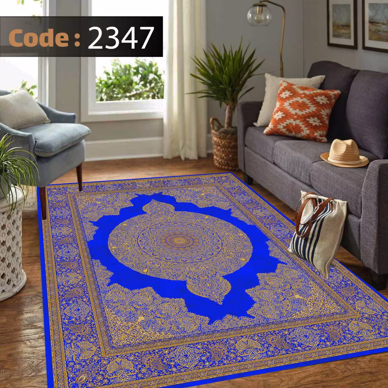 کاورفرش روفرشی دورکشدار گوشه لیفه ای لاکی ، آبی و متنوع کد 2347