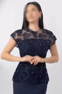 پیراهن ابریشمی کمربند دار با توری منجوق دار BAL144 - 11337