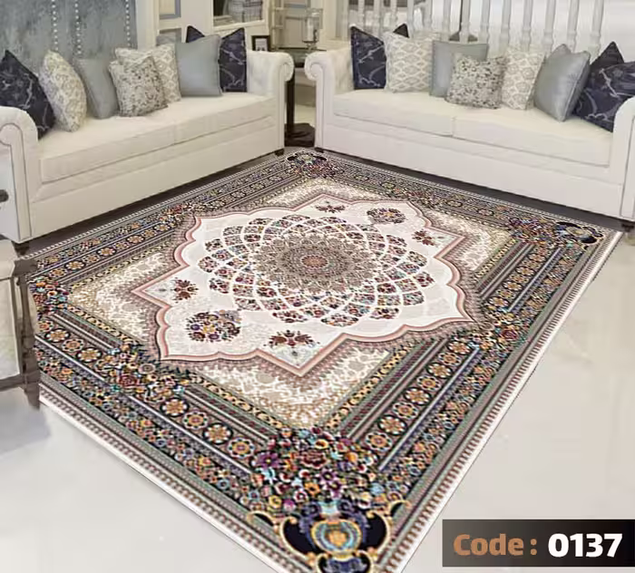 کاورفرش روفرشی دورکشدار گوشه لیفه ای کرم  قهوه ای کد 0137