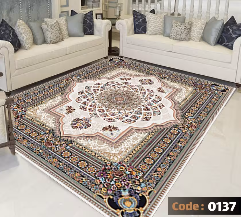 کاورفرش روفرشی دورکشدار گوشه لیفه ای کرم  قهوه ای کد 0137