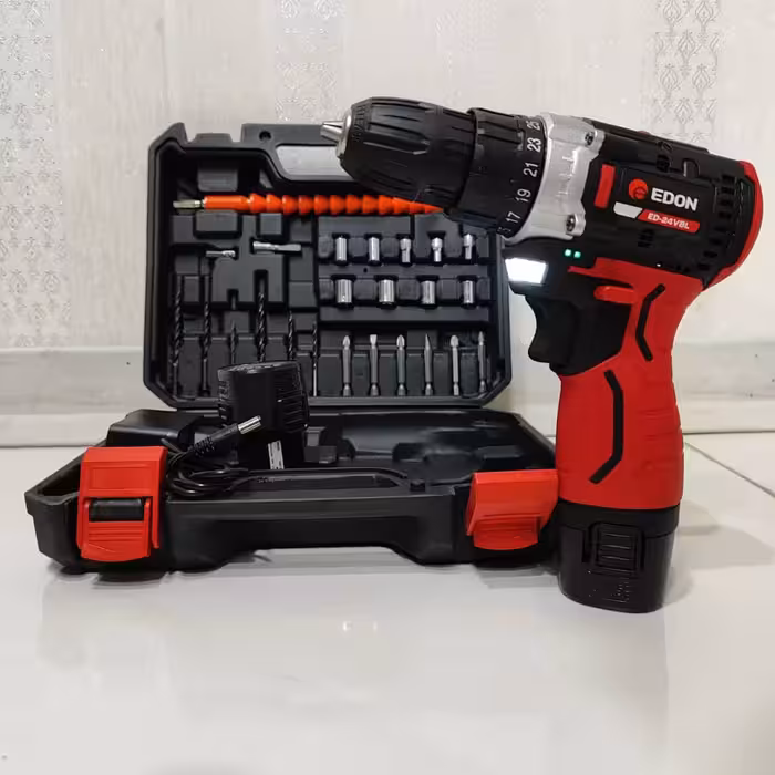 دریل شارژی براشلس 24 ولت ادون اصلی مدل ED-24VBL همراه دو باتری و لوازم کامل با کیف bmc