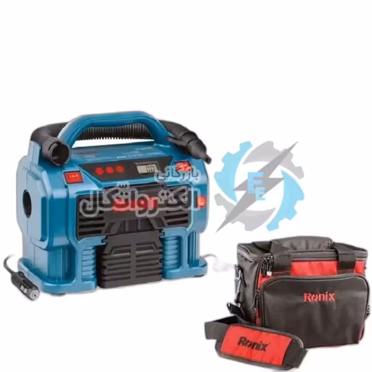 پمپ باد دیجیتال دوسیلندر سه کاره همراه کیف مینی کمپرسور باد فندکی و برق شهری رونیکس مدل RH-4261B مدل 4261b