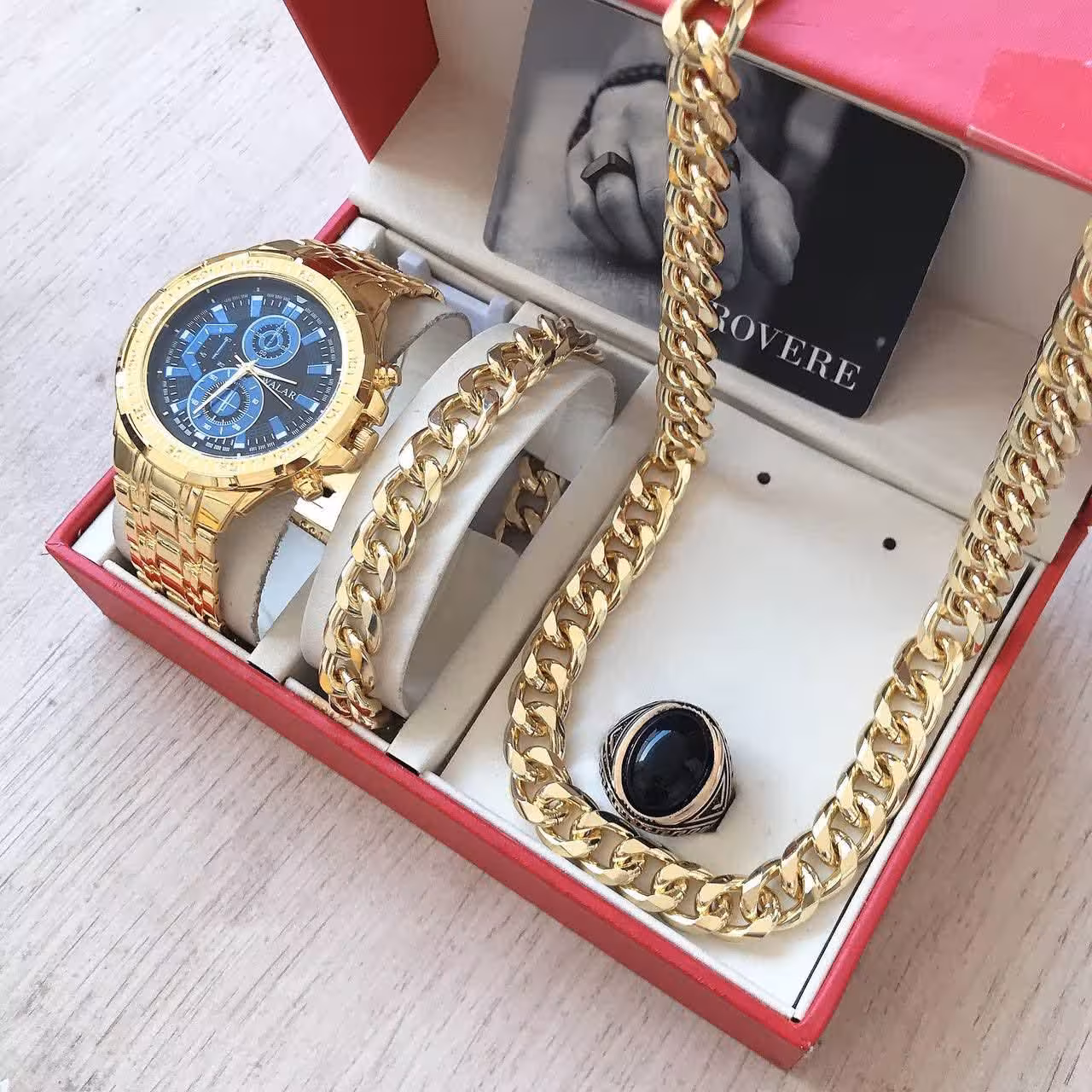 ست ساعت گردنبند دستبند انگشتر کارتیر طلایی مردانه 275320390