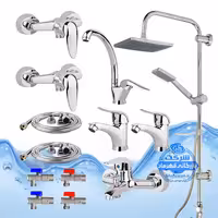 ست 13 عددی شیرآلات برند آیدا صنعت مدل قهرمان اردکی | شیر ظرفشویی   دو عدد شیر روشویی   شیر حمام   شیر توالت   علم دوش یونیورست صفحه استیل رسوب‌گیر   دو عدد شلنگ توالت   دو عدد شلنگ استیل   چهار عدد شیر پیسوار | کروم براق