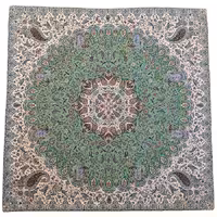 رومیزی مربع ترمه ابریشم کد TRM215 نفیس رنگ سبز آستر سبز تیره لبه مغزی دوزی