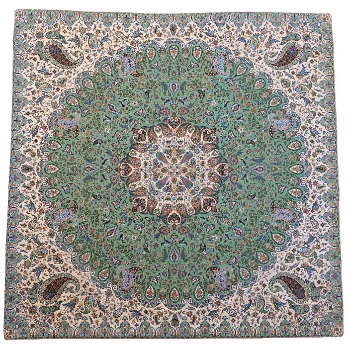 رومیزی مربع ترمه ابریشم کد TRM215 نفیس رنگ سبز آستر سبز تیره لبه مغزی دوزی