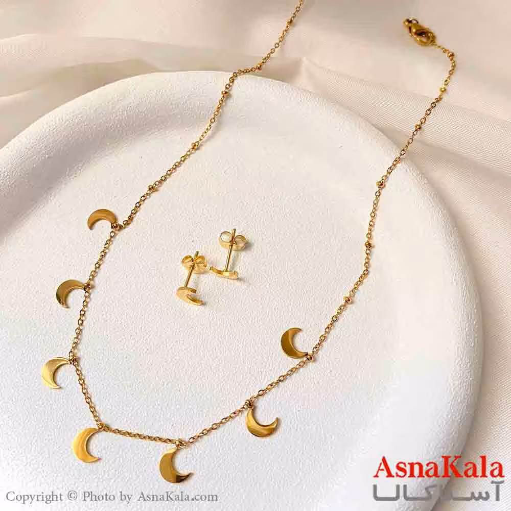 نیم ست زنانه شامل گردنبند و گوشواره استیل مدل ماه مدرن رنگ طلایی کد NIM14939W