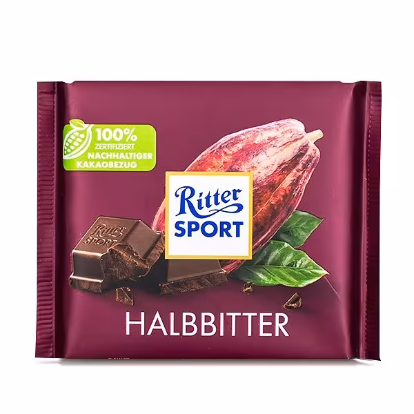 شکلات شیری ریتر اسپرت با طعم شکلات50% تلخ و شیرین 100 گرم ریتر اسپرت | Ritter Sport Halbbitter Chocolate 100gr
