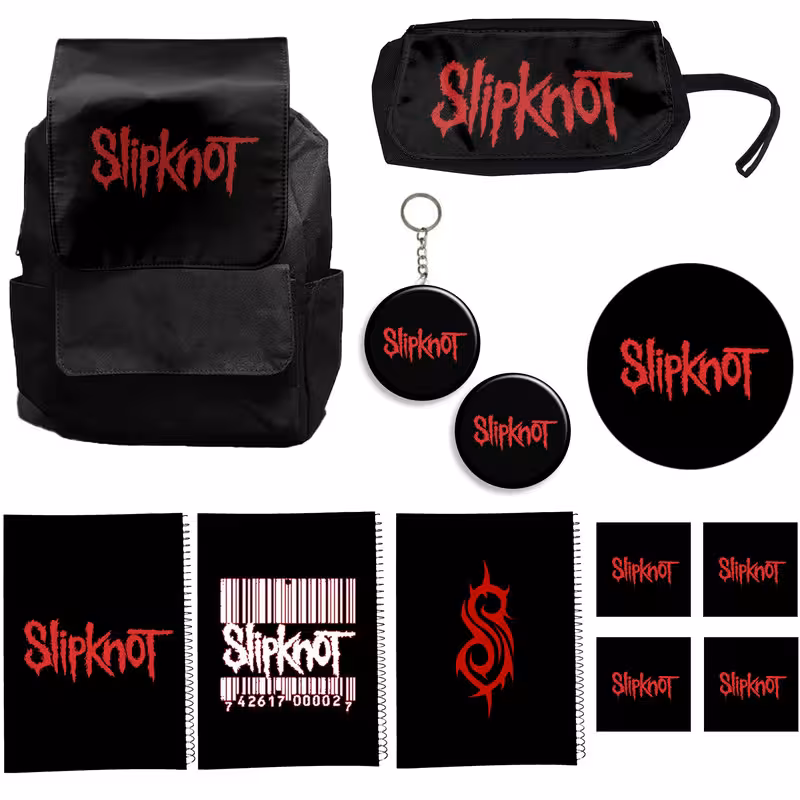 کوله پشتی طرح slipknot کد A3 به همراه دفتر مشق و جامدادی و زیر لیوانی و جاکلیدی مجموعه 12 عددی | چاوه
