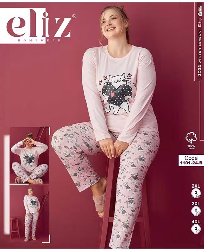 ست راحتی سایز بزرگ زنانه طرح گربه کد 1101-24-B