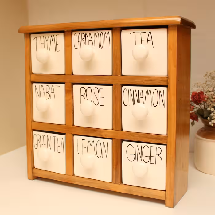جای ادویه 9 پارچه مدل چوبی و سرامیکی کد Text09