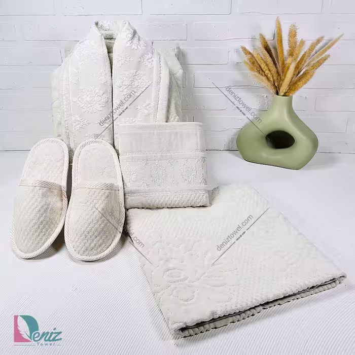 حوله ست یک نفره ژاکارد رنگ شیری