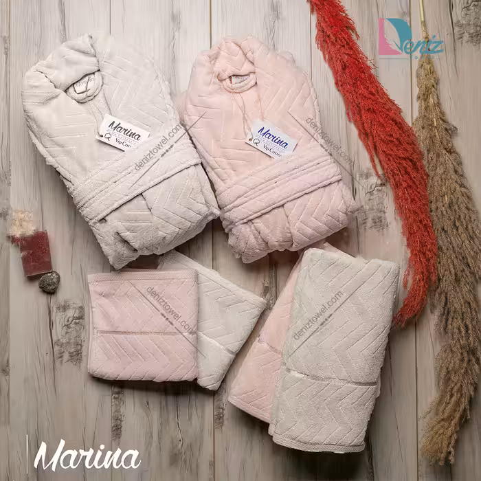 حوله ست دو نفره مارینا رنگ کرم و پودرا