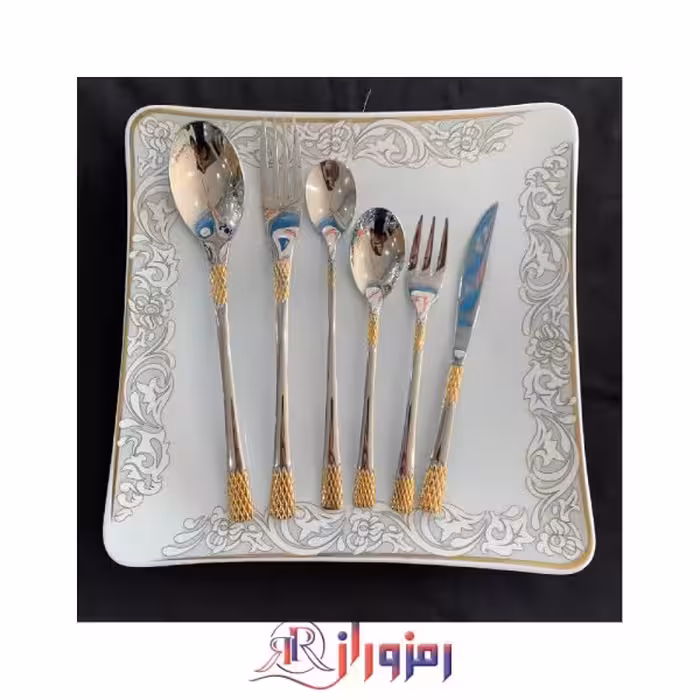 سرویس قاشق و چنگال 24 نفره 120 پارچه یونیک طرح اناناسی نیمه طلایی