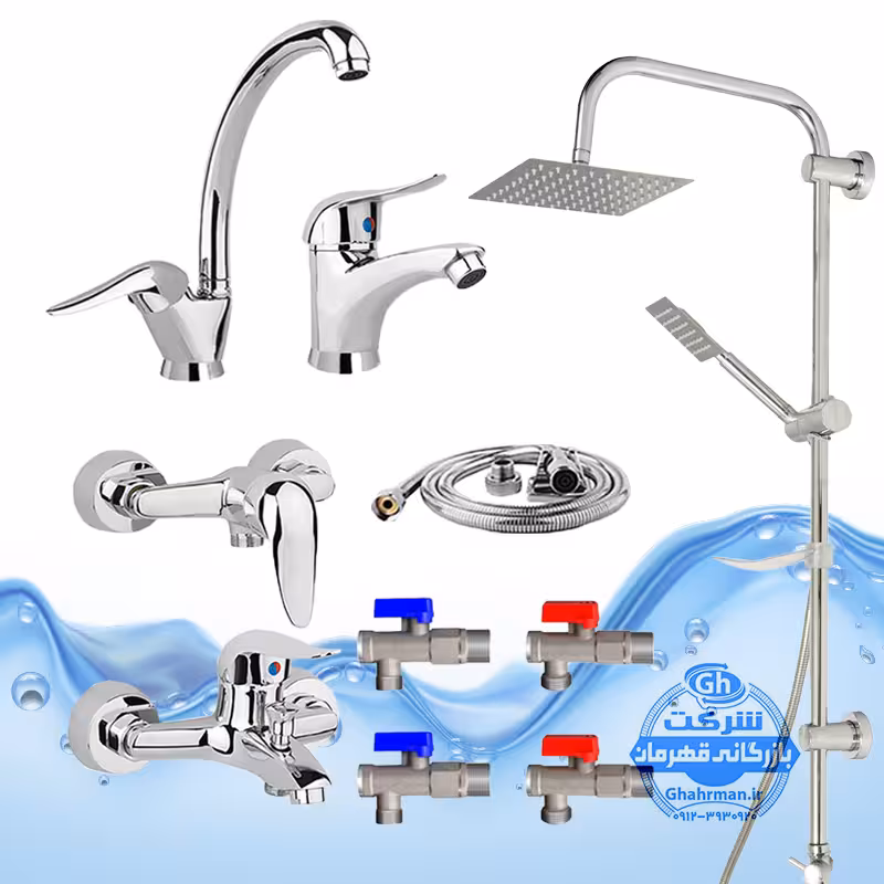 ست 10 عددی شیرآلات برند آیدا صنعت مدل قهرمان اردکی | شیر ظرفشویی   شیر روشویی   شیر حمام   شیر توالت   علم دوش صفحه استیل   شلنگ توالت   چهار عدد شیر پیسوار | کروم براق