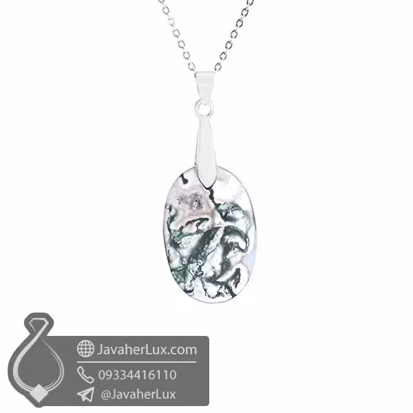 گردنبند سنگ عقیق خزه ای تراش بیضی _ کد : 400387
