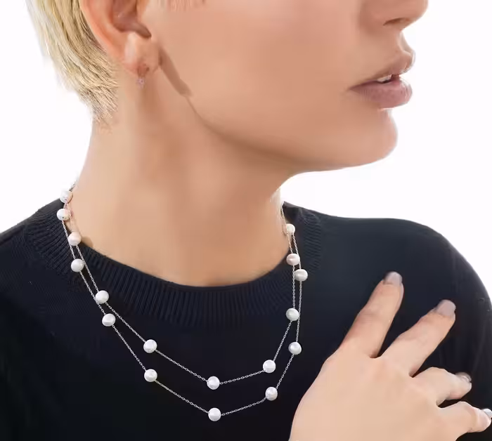 گردنبند مروارید پرورشی دو رج جواهری نقره کد 20663